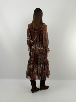 Brown Patterned Long Dress with Flounce