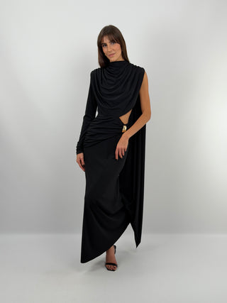 Long Black Dress with Cut Out and Draping