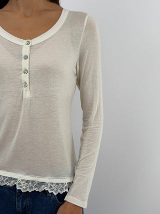 Pull Ultra-Léger avec Cachemire, Boutons et Dentelle Crème