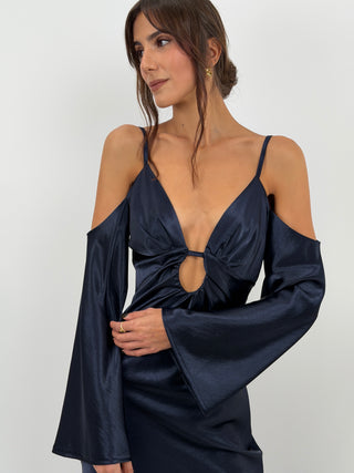 Abito Satin con Maniche Lunghe Blu