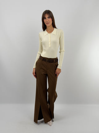 Cream Ribbed Bodysuit with Buttons