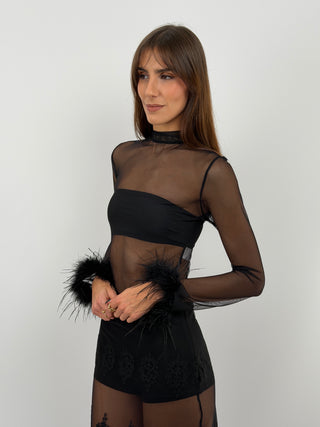 Black Tulle Bodysuit with Feathers
