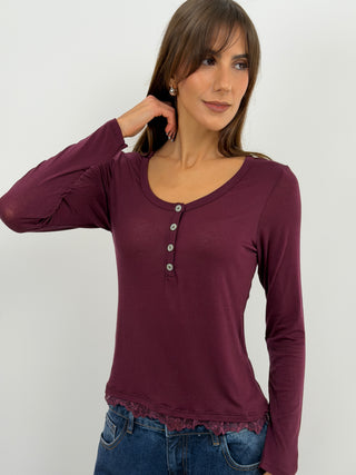 Pull Ultra-Léger avec Cachemire, Boutons et Dentelle Bordeaux