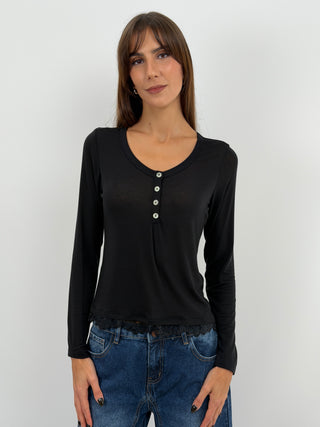 Pull Ultra-Léger avec Cachemire, Boutons et Dentelle Noir