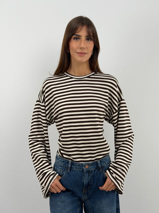 Cream Striped Top with Ruching