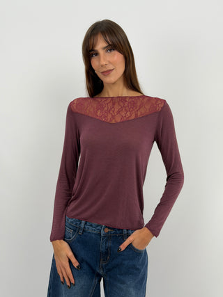 Pull Ultra-Léger avec Cachemire et Dentelle Bordeaux