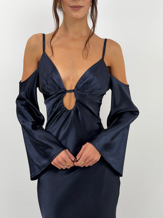 Abito Satin con Maniche Lunghe Blu