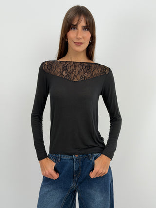 Pull Ultra-Léger avec Cachemire et Dentelle Noir