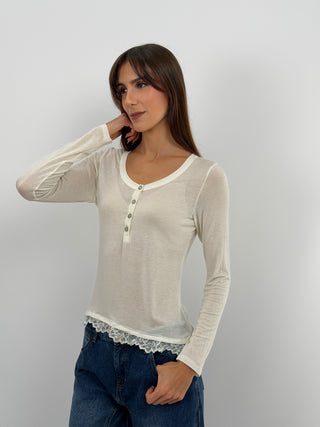 Pull Ultra-Léger avec Cachemire, Boutons et Dentelle Crème