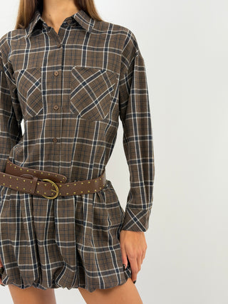Brown Check Dress with Belt