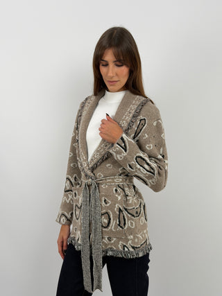 Cardigan con Cintura Beige in Misto Lana