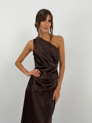 Abito Satin Monospalla Marrone
