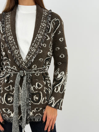 Cardigan con Cintura Marrone in Misto Lana