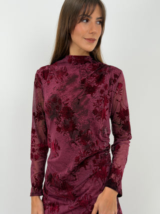Robe Bordeaux en Velours à Motifs