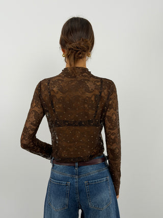 Brown Lace Mock Neck Top