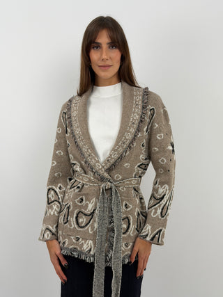 Cardigan con Cintura Beige in Misto Lana
