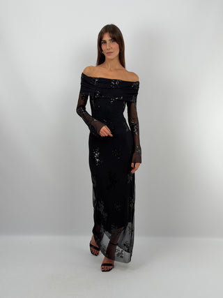 Robe à Épaules Dénudées et Paillettes Noire