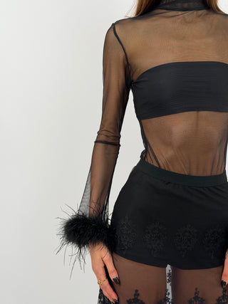 Black Tulle Bodysuit with Feathers