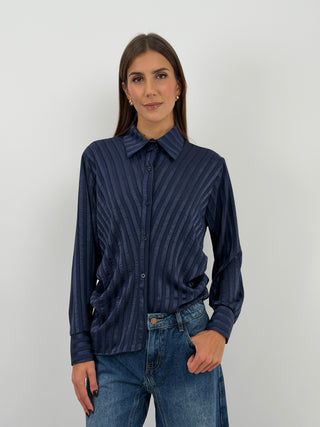Camicia a Righe Blu con Arricciatura