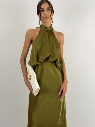 Abito Satin con Top a Balza Verde Olio