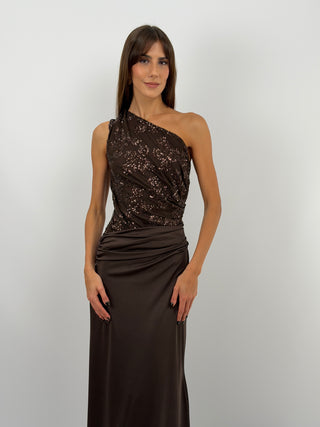 Abito Monospalla con Paillettes Marrone