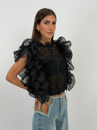 Top in Pizzo con Volant Nera