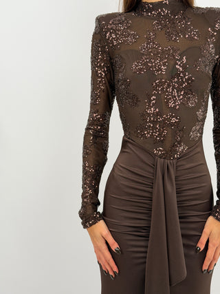 Abito Paillettes con Drappeggio Marrone