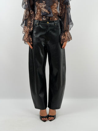 Black Faux Leather Barrel Trousers