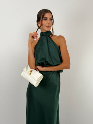 Abito Satin con Top a Balza Verde Smeraldo