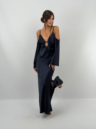 Abito Satin con Maniche Lunghe Blu