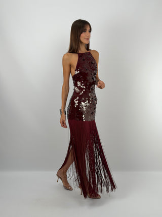 Abito Bordeaux con Paillettes e Frange