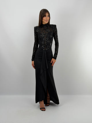 Abito Paillettes con Drappeggio Nero