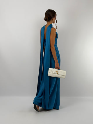 Abito Lungo Satin con Foulard Blu Petrolio