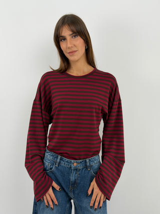 Burgundy Striped Top with Ruching