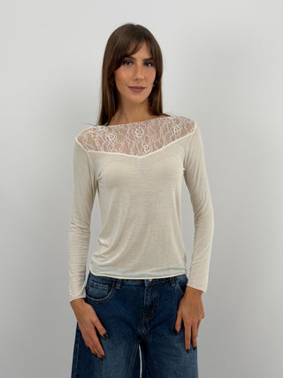 Pull Ultra-Léger avec Cachemire et Dentelle Crème