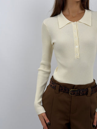 Cream Ribbed Bodysuit with Buttons