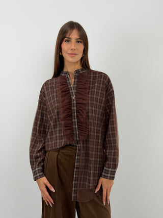 Camicia a Quadri Marrone con Tulle