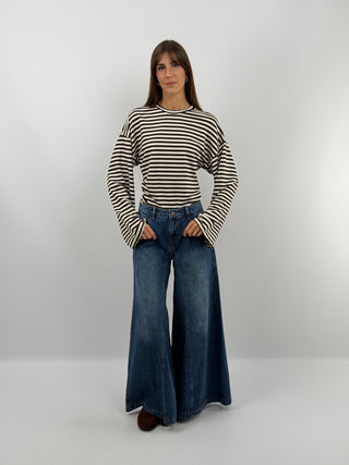Cream Striped Top with Ruching