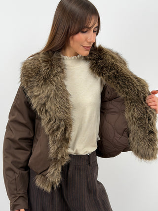 Brown Bomber Jacket with Fur