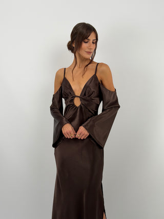 Abito Satin con Maniche Lunghe Marrone