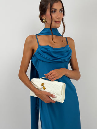 Abito Lungo Satin con Foulard Blu Petrolio