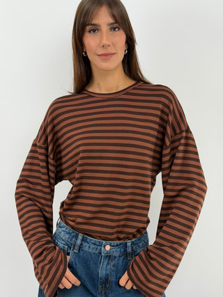 Maglia a Righe Marrone con Arricciatura