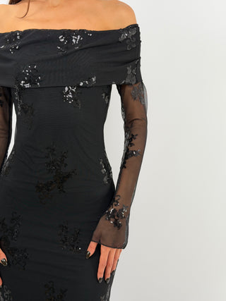 Robe à Épaules Dénudées et Paillettes Noire