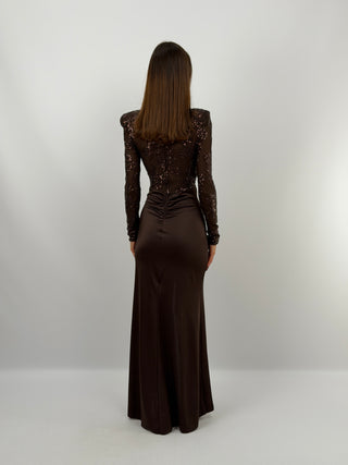 Abito Paillettes con Drappeggio Marrone