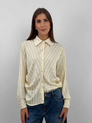 Chemise Rayée Crème à Fronces