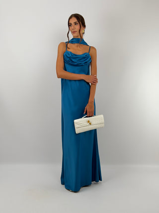 Abito Lungo Satin con Foulard Blu Petrolio