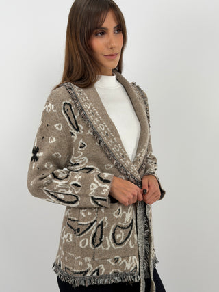 Cardigan con Cintura Beige in Misto Lana