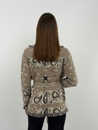 Cardigan con Cintura Beige in Misto Lana