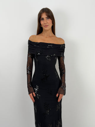 Robe à Épaules Dénudées et Paillettes Noire