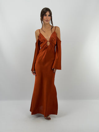 Abito Satin con Maniche Lunghe Ruggine